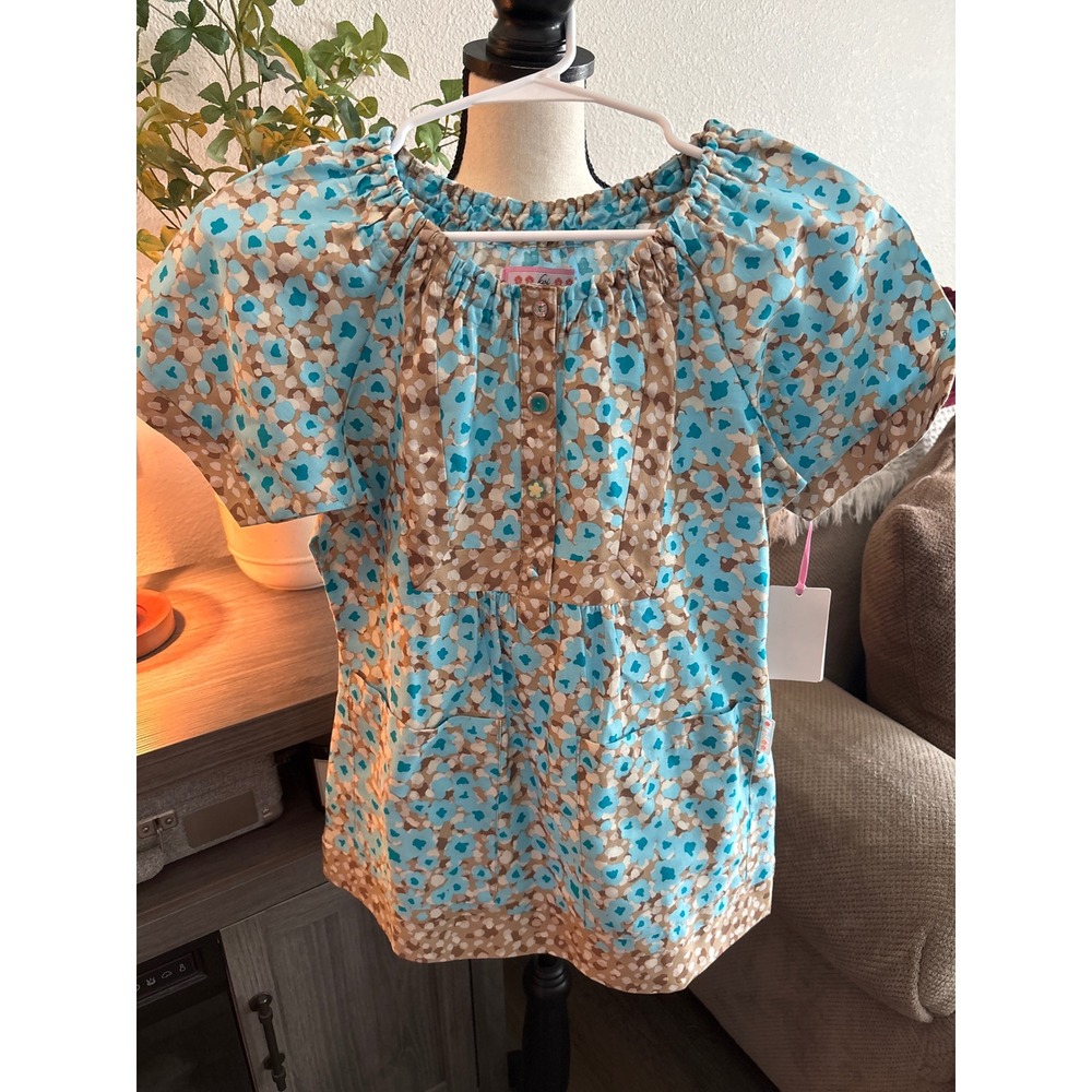 Koi by Kathy Peterson Blue Tan Floral Cotton Scrub Top 149PR XS NWT